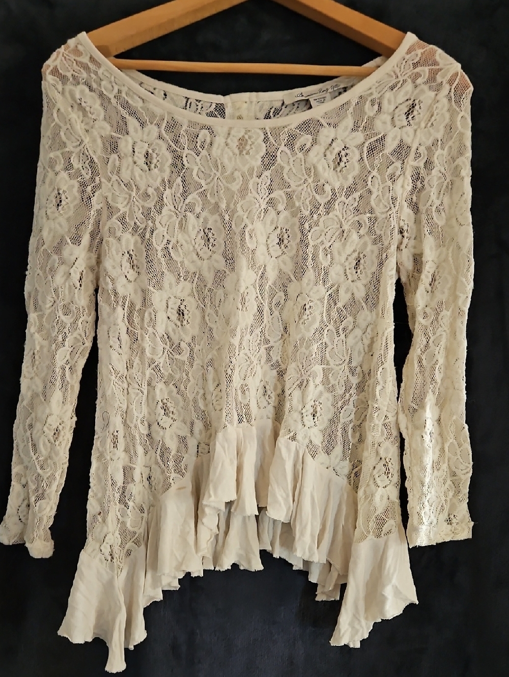 American Rag Cream Floral Lace Ruffle-Hem Blouse